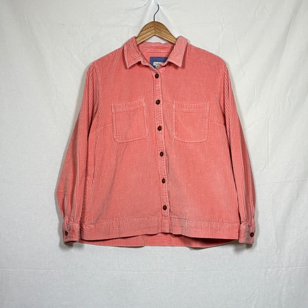 LL Bean Womens Corduroy Shacket Shirt Jacket Size L Short Pink Pastel Spring